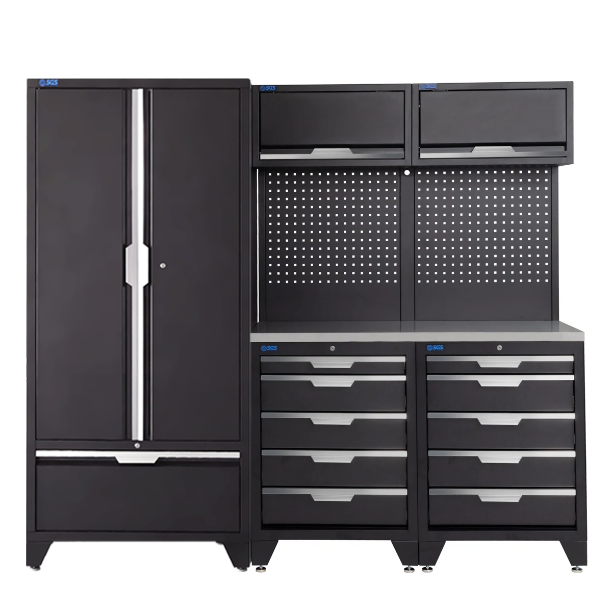 SGS 7pc Garage Storage System | 10 Drawers | Stainless Steel Worktop | 2x Upper Cabinets | Tall Double Cabinet | Tall Double Cabinet with Drawer